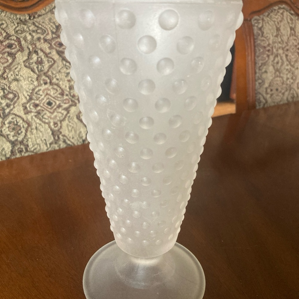VTG frosted pink hobnail footed 8” vase Fenton style